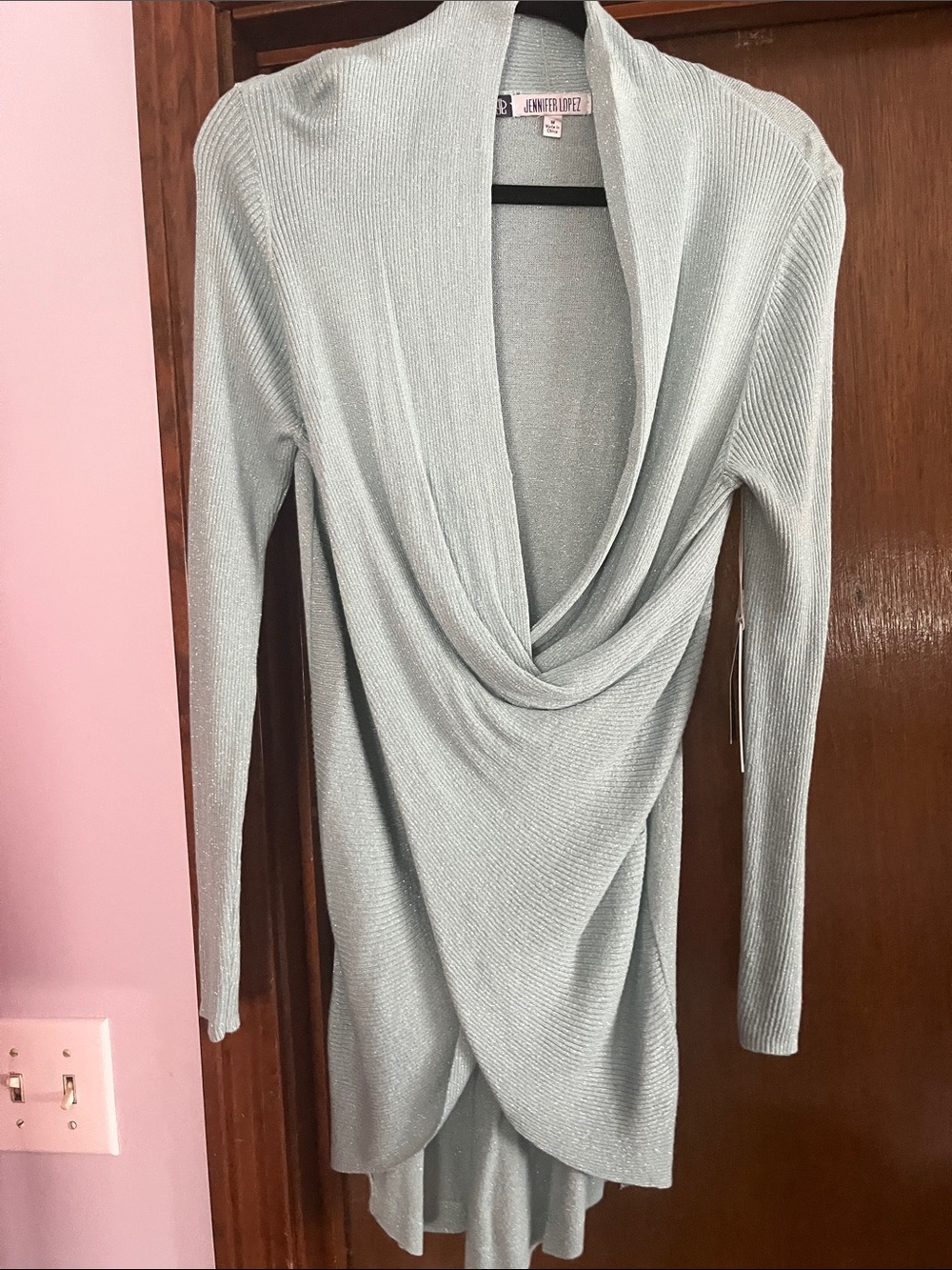 Jennifer Lopez baby blue Shimmer Draped Knit Cardigan